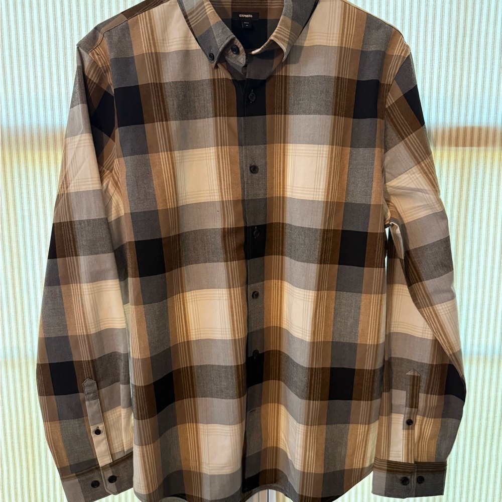 Express Men's Plaid Button-Down Shirt - Black, Brown, and Cream